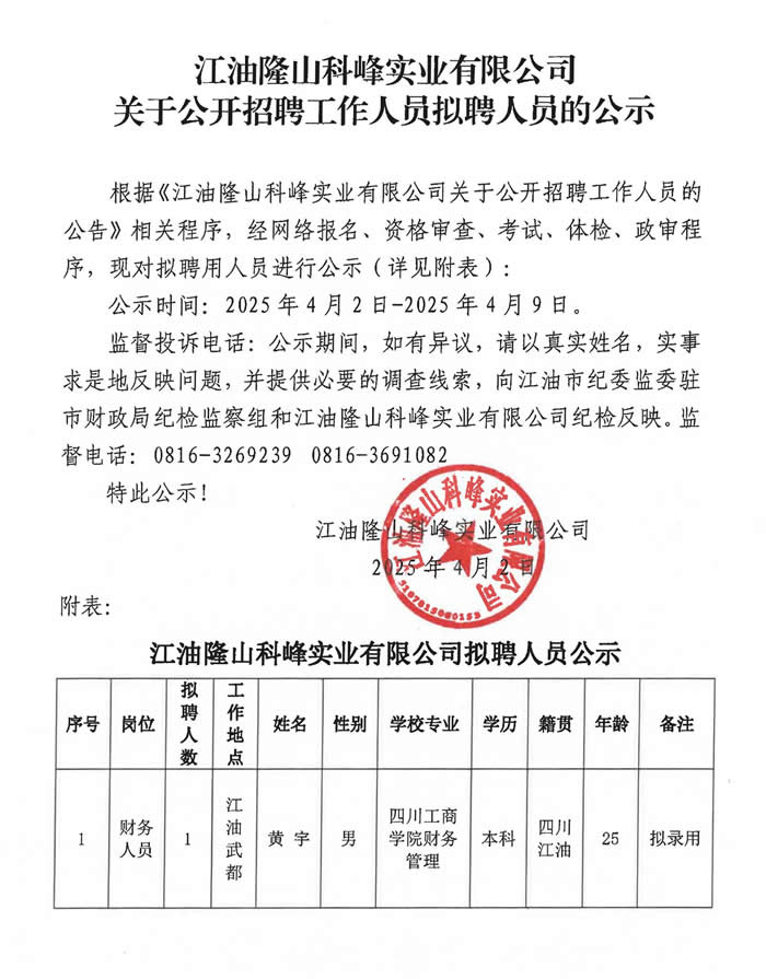 關于公開招聘工作人員擬聘人員的公示